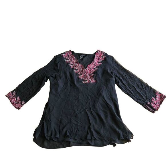 Silkland womens Sz 3X silk floral embroidered trim tunic blouse - Picture 3 of 6